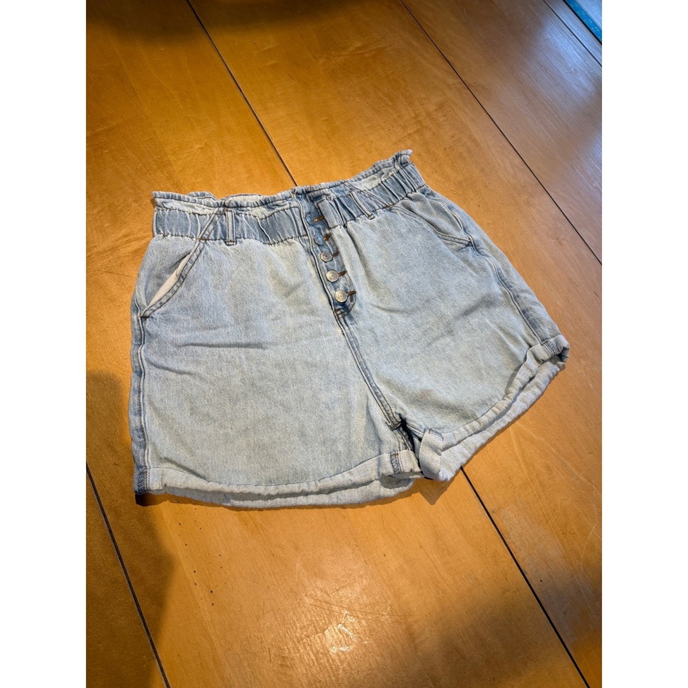 S.O.N.G. Womens XL Light Wash High Waist Paperbag Denim Shorts Button Fly Cotton